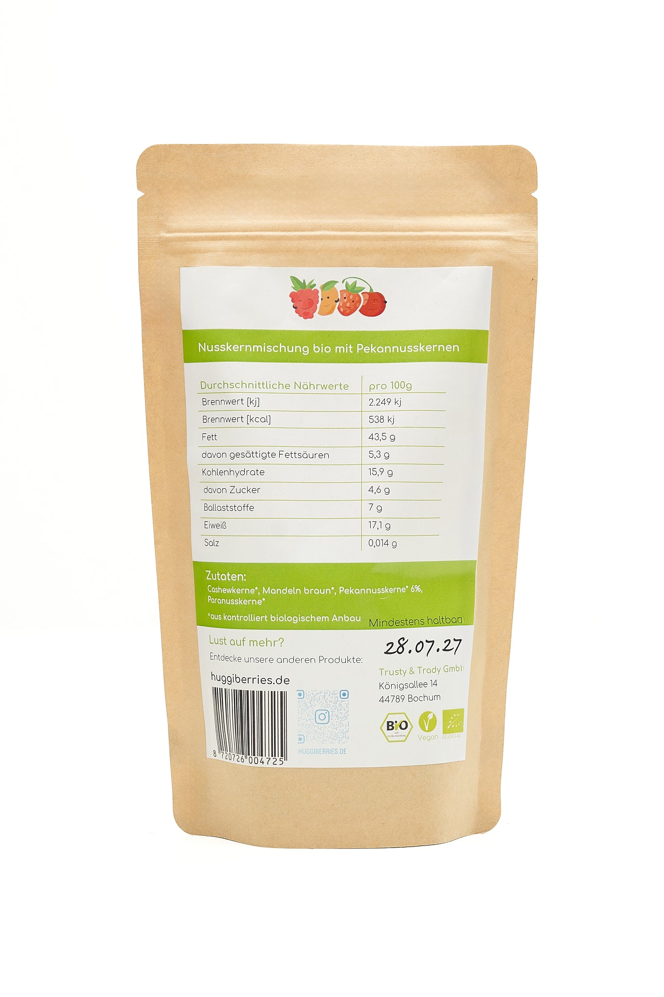 Naturbelassene Nusskernmischung Bio mit Pekannusskernen - 150 g