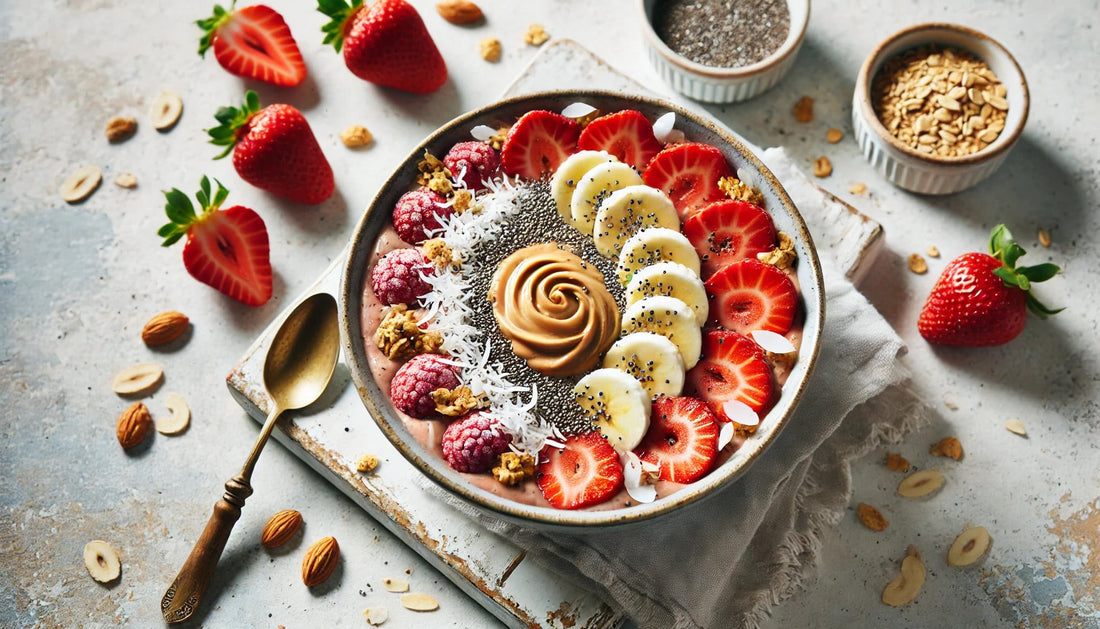 Vegane Smoothie-Bowl mit gefrorenen Erdbeeren, Banane, Mandelmus-Swirl, Kokosflocken und Granola – serviert in einer hellen Frühstücksszene von oben fotografiert