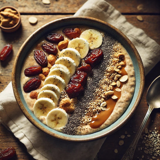 Vegane Frühstücksbowl mit Haferbrei, Mandelmus-Swirl, Bananenscheiben, Datteln, Chiasamen und Nüssen – serviert in einer Schale auf einem Holztisch