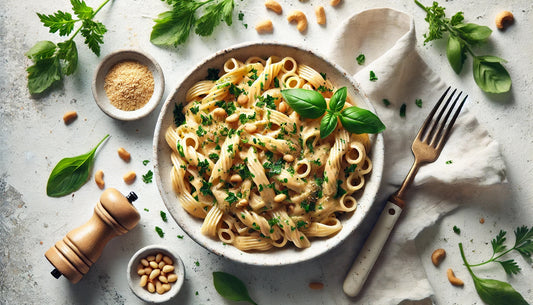 Vegane Pasta mit cremiger Cashew-Sauce, garniert mit frischen Kräutern – serviert in einer weißen Schale, fotografiert von oben auf hellem Untergrund