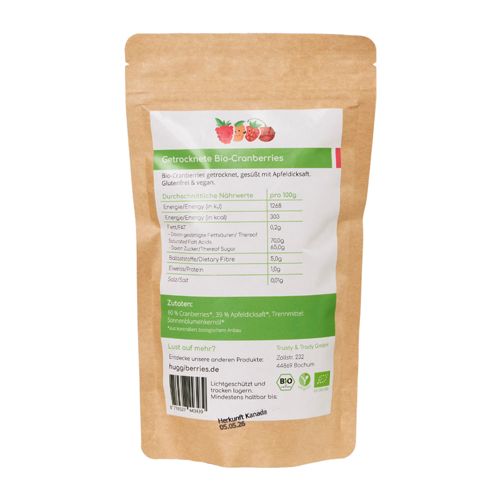 Bio-Cranberries ohne Zucker – ballaststoffreich, vegan & perfekt als Snack oder Backzutat

