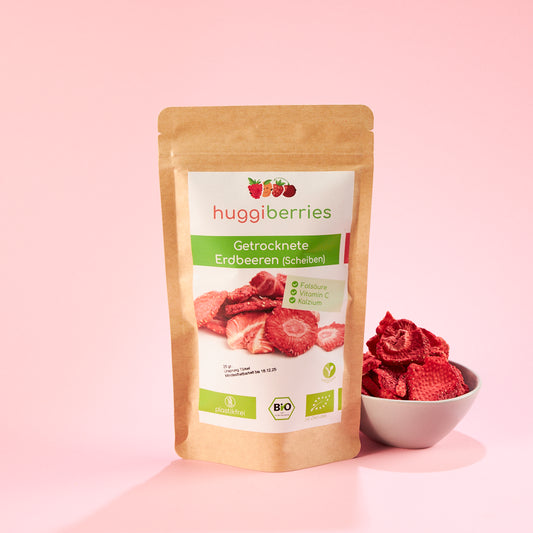 Gefriergetrocknete Bio-Erdbeeren 25g – in Scheiben, plastikfrei verpackt, vegan & ohne Zuckerzusatz


