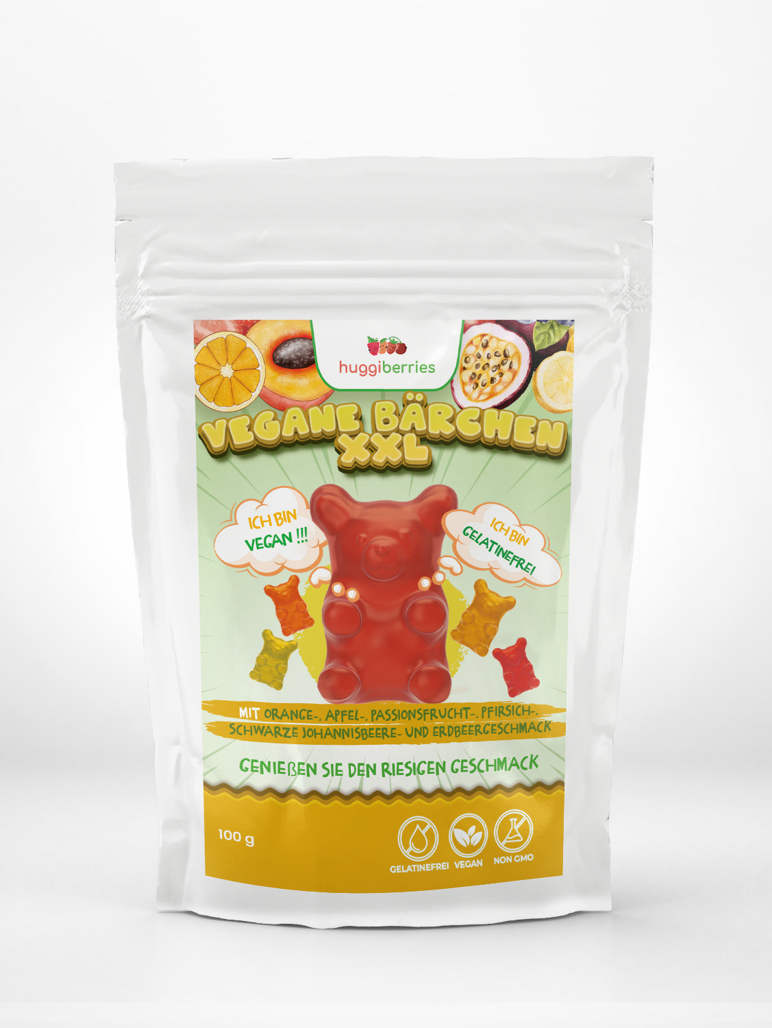 Vegane Frucht Gummibärchen XXL 100g – gelatinefrei, plastikfrei verpackt & fruchtig süß

