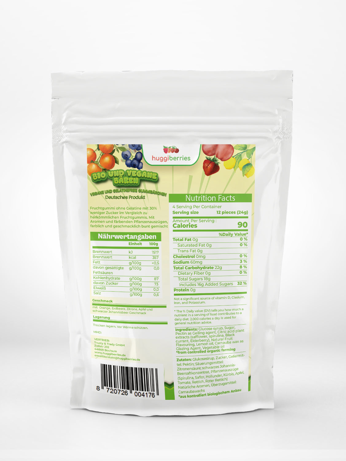Bio Frucht Gummibärchen Gelatine Frei und Vegan 100g