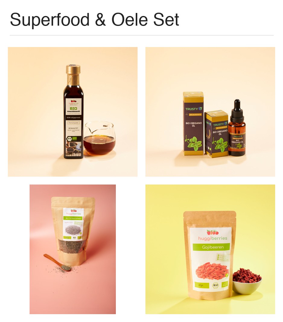 Superfood & Öle Set – Bio Schwarzkümmelöl, Oregano-Öl, Chia, Goji